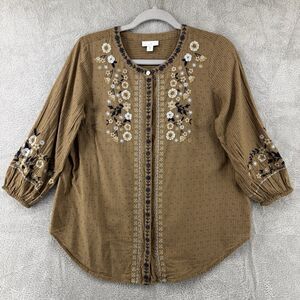 J Jill Boho Top Women XSP Brown Floral Embroidered Button Front Crew 3/4 Sleeves